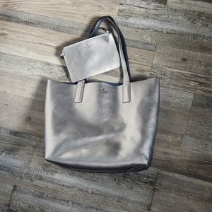 Kate Spade reversible tote blue and metallic Silver designer handbag